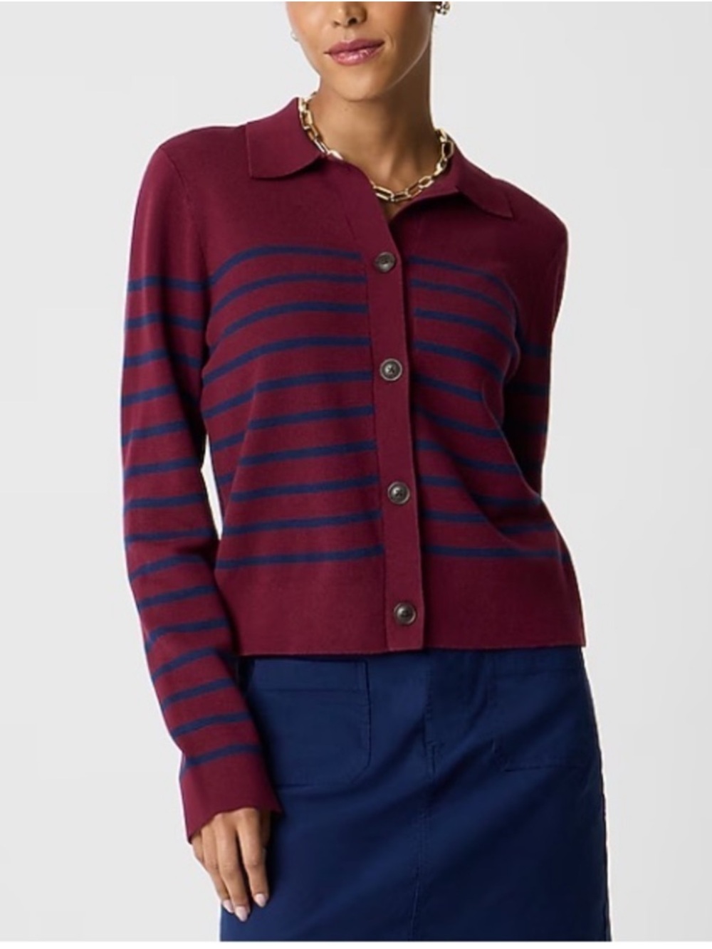 J. Crew Factory Burgundy & Navy Striped Button-Front Cardigan
